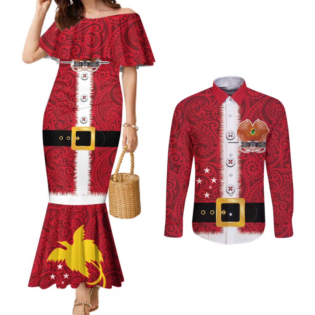 Papua New Guinea Merry Christmas Couples Matching Mermaid Dress and Long Sleeve Button Shirt Santa Suit Style With Melanesian Pattern