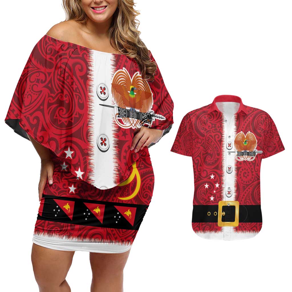 Papua New Guinea Merry Christmas Couples Matching Off Shoulder Short Dress and Hawaiian Shirt Santa Suit Style With Melanesian Pattern