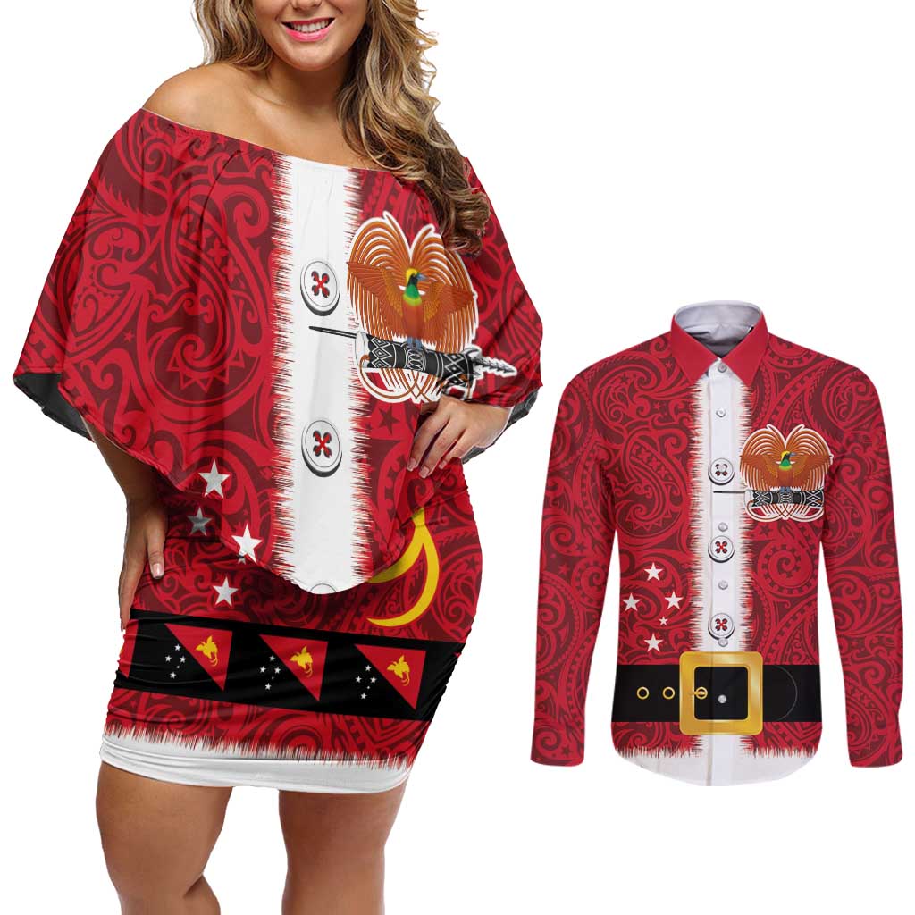 Papua New Guinea Merry Christmas Couples Matching Off Shoulder Short Dress and Long Sleeve Button Shirt Santa Suit Style With Melanesian Pattern