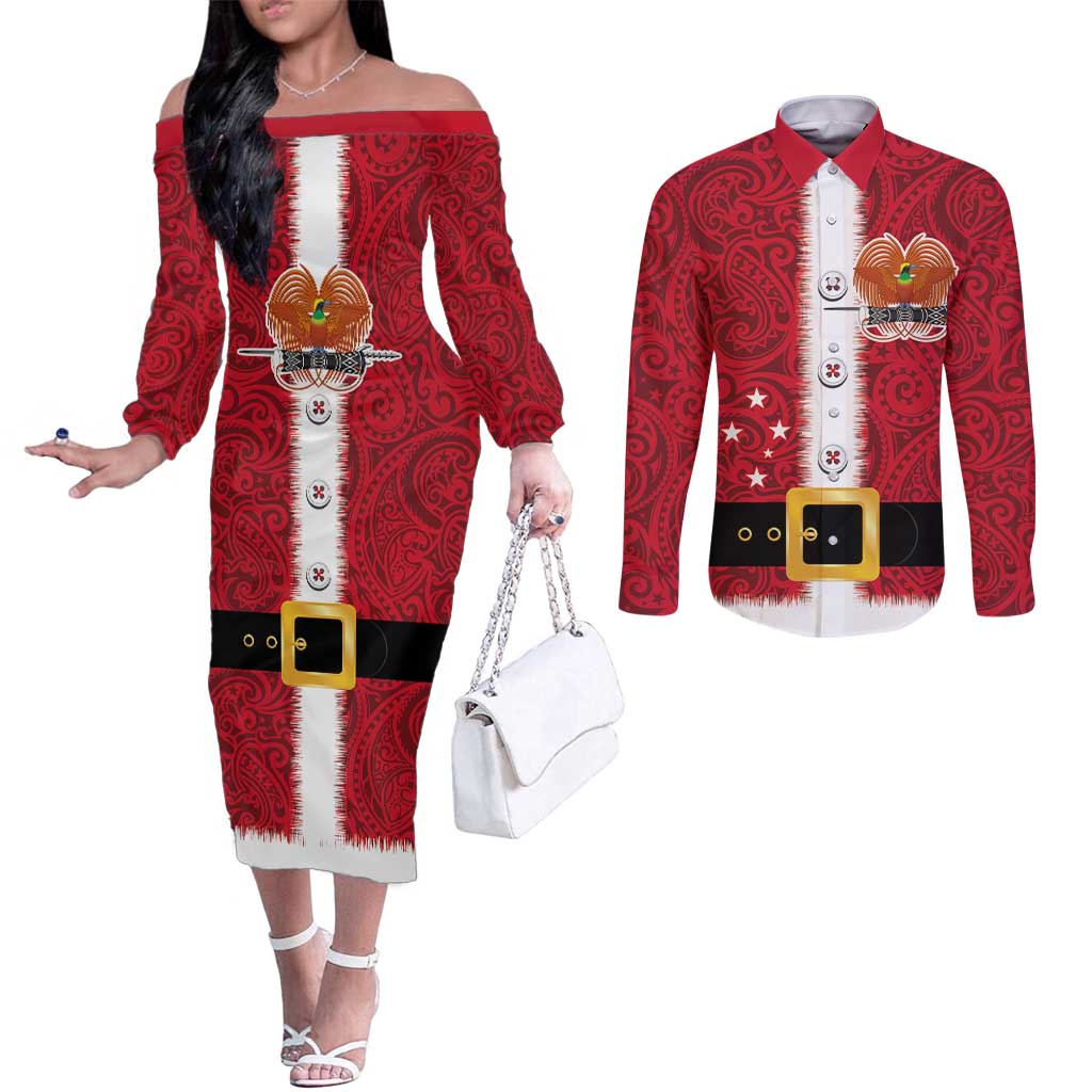 Papua New Guinea Merry Christmas Couples Matching Off The Shoulder Long Sleeve Dress and Long Sleeve Button Shirt Santa Suit Style With Melanesian Pattern LT03 Red - Polynesian Pride