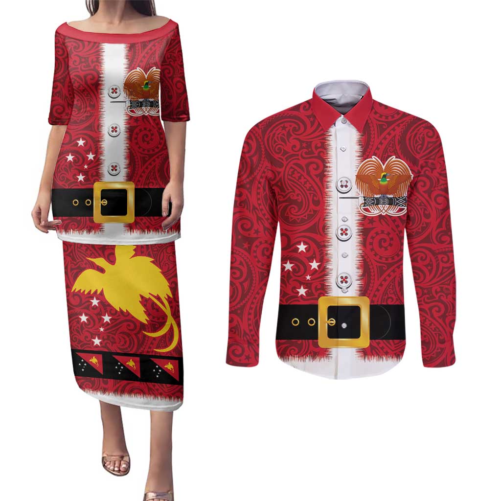 Papua New Guinea Merry Christmas Couples Matching Puletasi and Long Sleeve Button Shirt Santa Suit Style With Melanesian Pattern