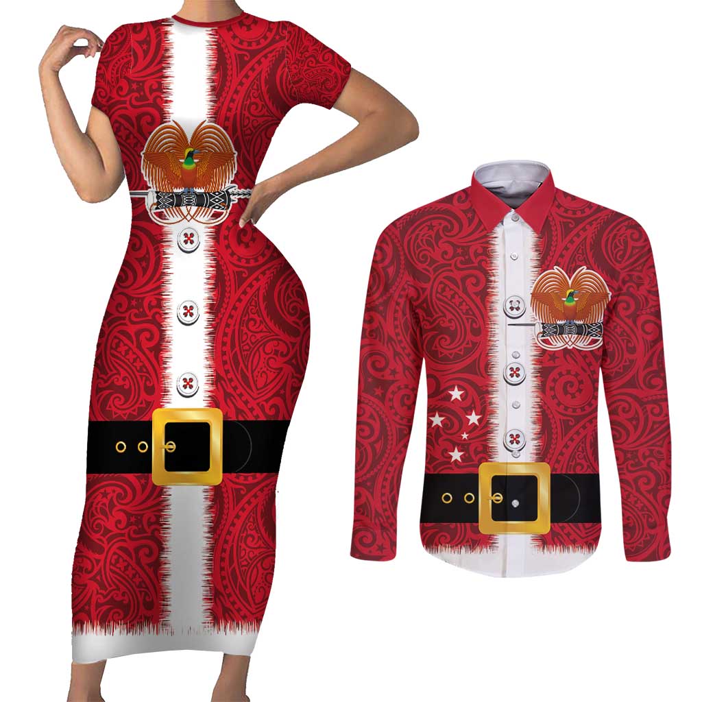 Papua New Guinea Merry Christmas Couples Matching Short Sleeve Bodycon Dress and Long Sleeve Button Shirt Santa Suit Style With Melanesian Pattern LT03 Red - Polynesian Pride
