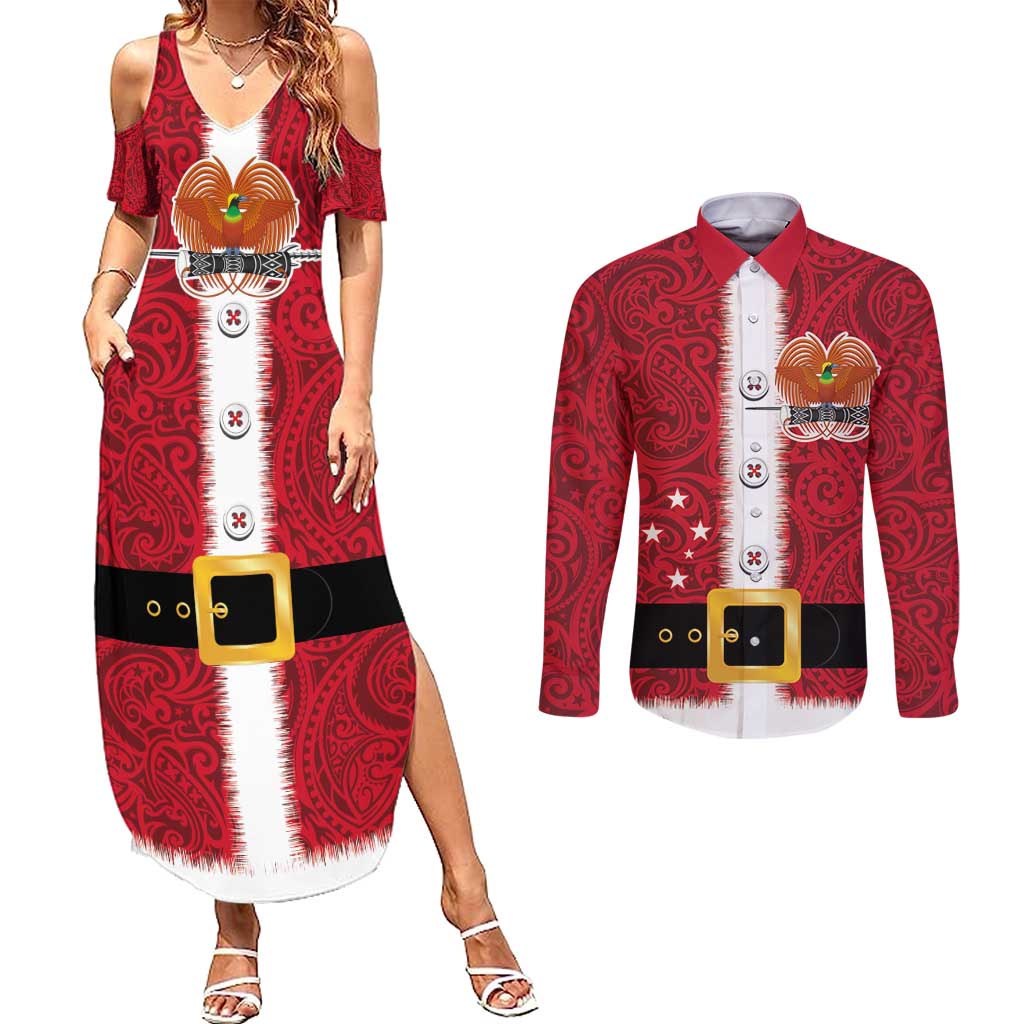 Papua New Guinea Merry Christmas Couples Matching Summer Maxi Dress and Long Sleeve Button Shirt Santa Suit Style With Melanesian Pattern