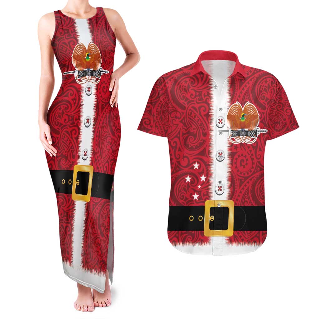 Papua New Guinea Merry Christmas Couples Matching Tank Maxi Dress and Hawaiian Shirt Santa Suit Style With Melanesian Pattern