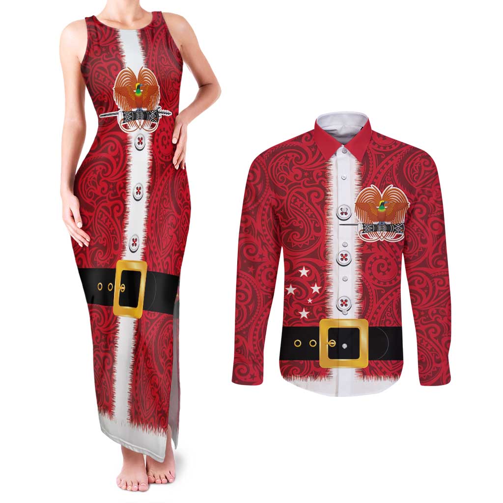 Papua New Guinea Merry Christmas Couples Matching Tank Maxi Dress and Long Sleeve Button Shirt Santa Suit Style With Melanesian Pattern LT03 Red - Polynesian Pride