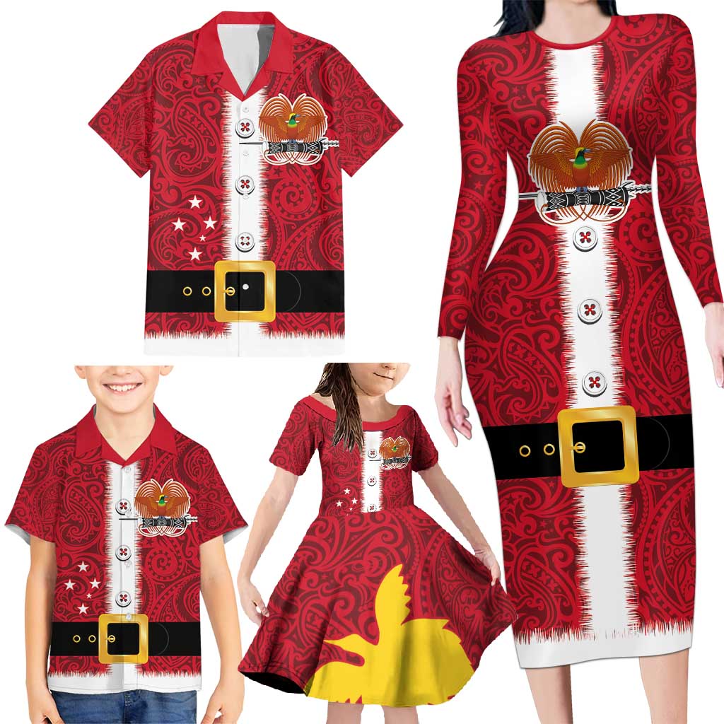 Papua New Guinea Merry Christmas Family Matching Long Sleeve Bodycon Dress and Hawaiian Shirt Santa Suit Style With Melanesian Pattern