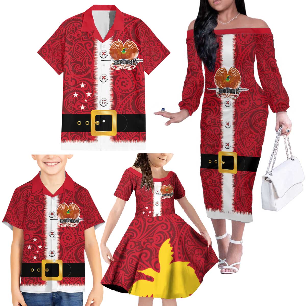 Papua New Guinea Merry Christmas Family Matching Off The Shoulder Long Sleeve Dress and Hawaiian Shirt Santa Suit Style With Melanesian Pattern