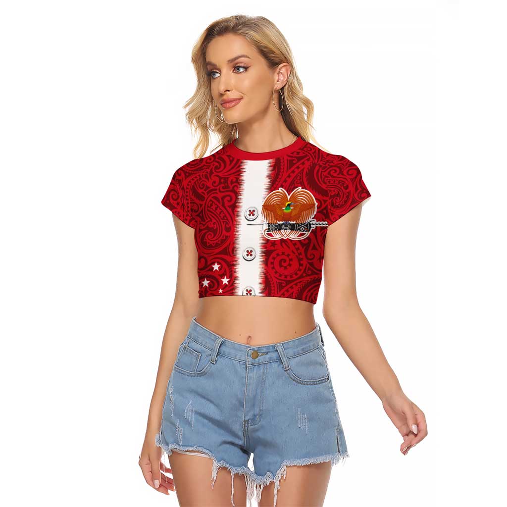 Papua New Guinea Merry Christmas Raglan Cropped T Shirt Santa Suit Style With Melanesian Pattern LT03 Female Red - Polynesian Pride