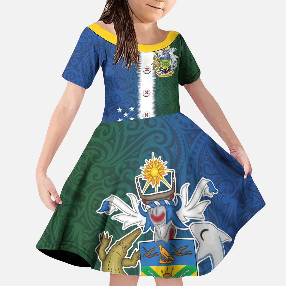 Solomon Islands Merry Christmas Kid Short Sleeve Dress Santa Suit Style With Melanesian Pattern LT03 KID Green - Polynesian Pride
