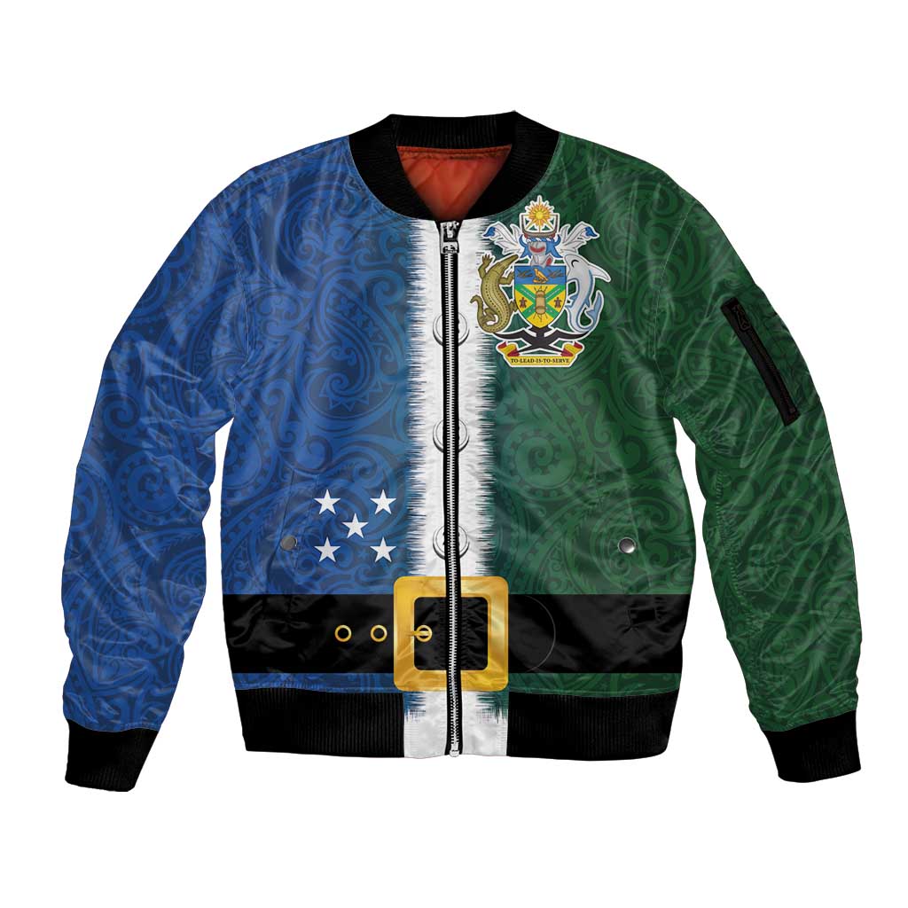 Solomon Islands Merry Christmas Sleeve Zip Bomber Jacket Santa Suit Style With Melanesian Pattern