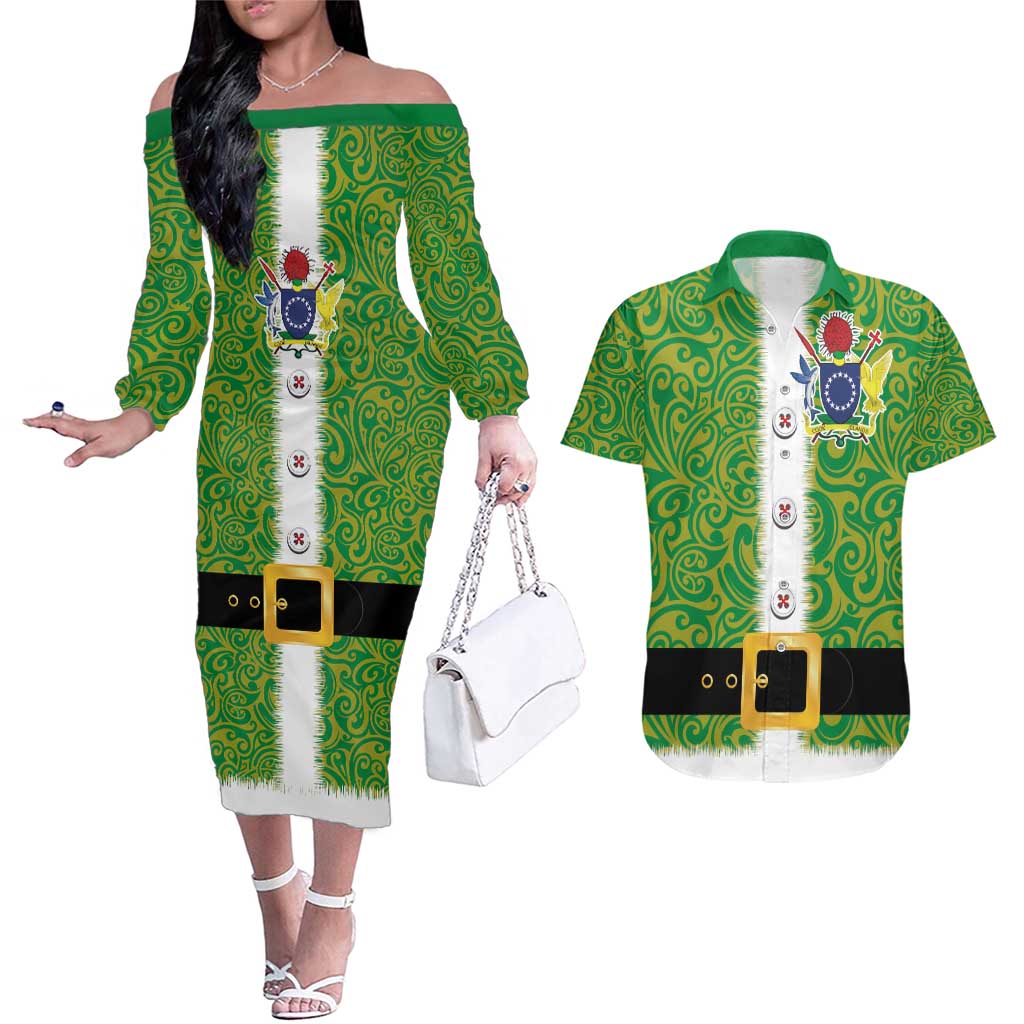 Cook Islands Merry Christmas Couples Matching Off The Shoulder Long Sleeve Dress and Hawaiian Shirt Santa Suit Style With Polynesian Pattern