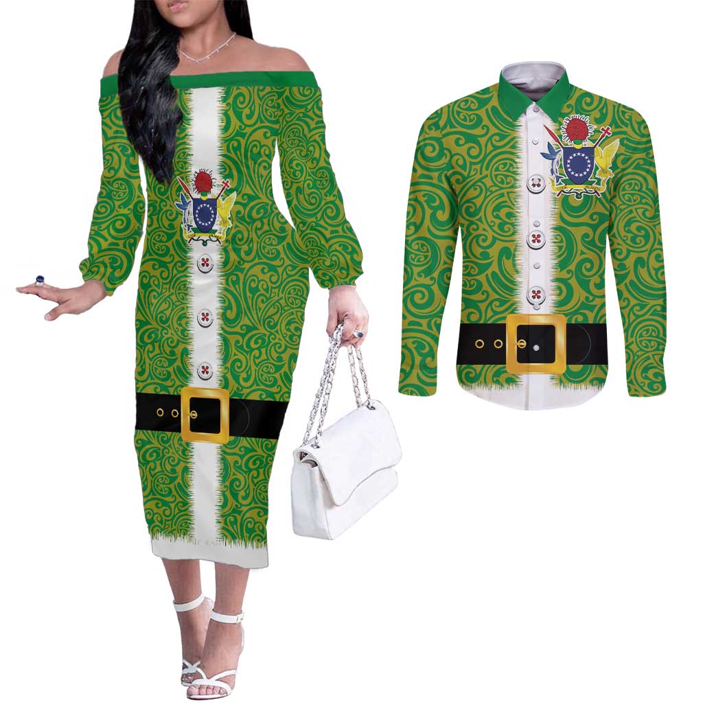 Cook Islands Merry Christmas Couples Matching Off The Shoulder Long Sleeve Dress and Long Sleeve Button Shirt Santa Suit Style With Polynesian Pattern