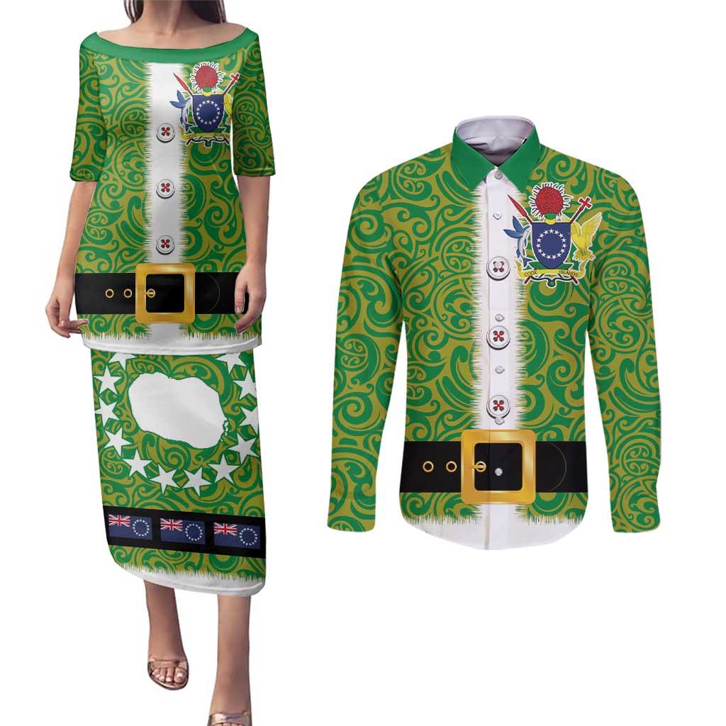 Cook Islands Merry Christmas Couples Matching Puletasi and Long Sleeve Button Shirt Santa Suit Style With Polynesian Pattern