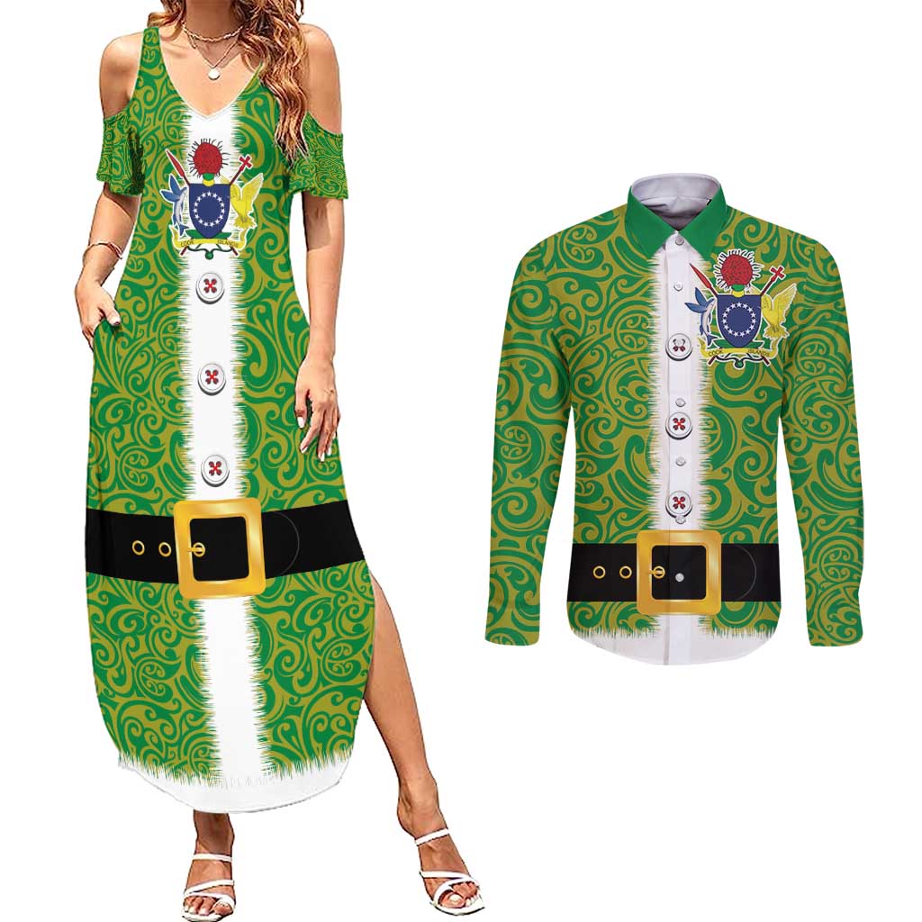 Cook Islands Merry Christmas Couples Matching Summer Maxi Dress and Long Sleeve Button Shirt Santa Suit Style With Polynesian Pattern