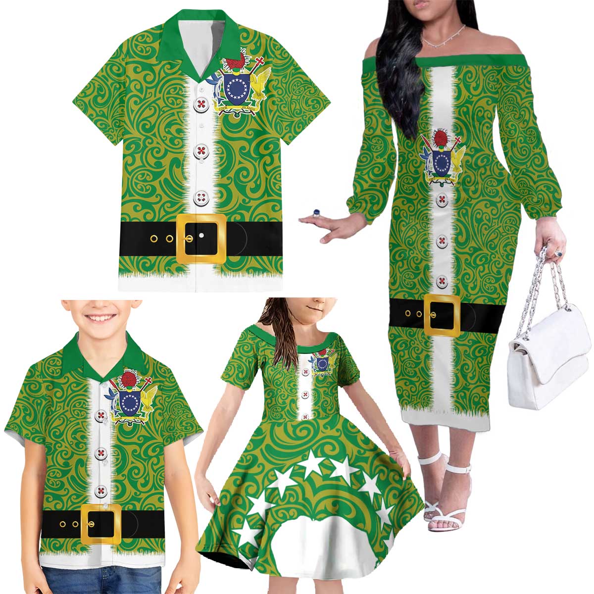 Cook Islands Merry Christmas Family Matching Off The Shoulder Long Sleeve Dress and Hawaiian Shirt Santa Suit Style With Polynesian Pattern