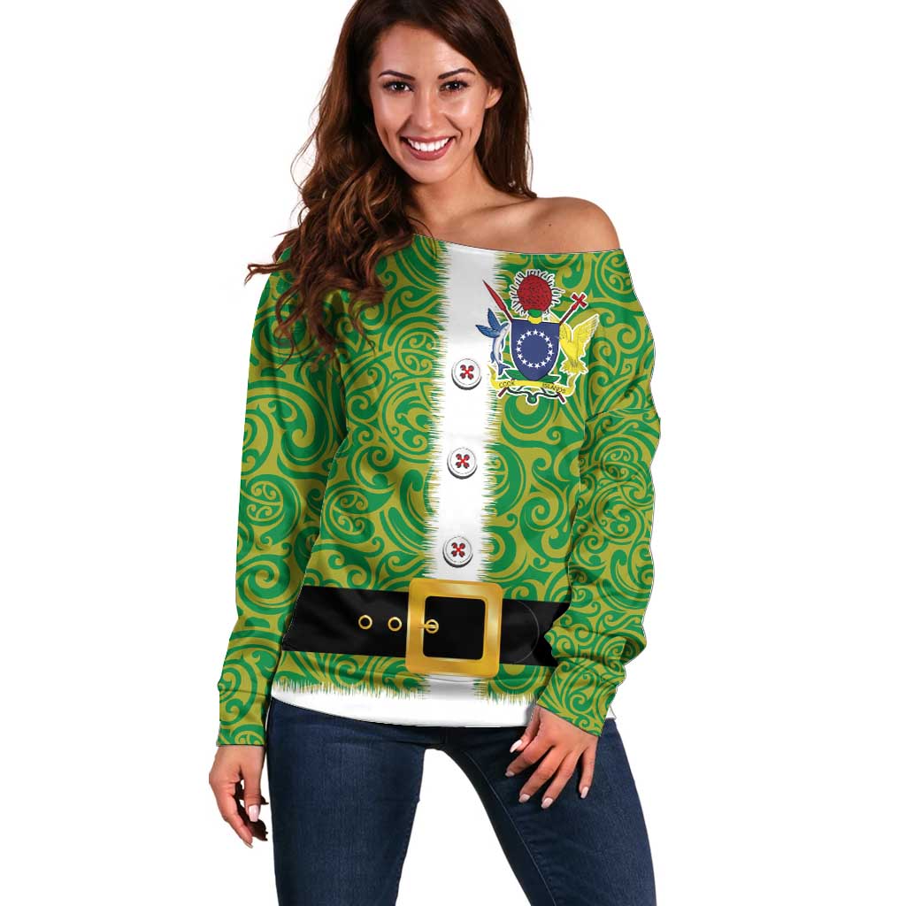 Cook Islands Merry Christmas Off Shoulder Sweater Santa Suit Style With Polynesian Pattern