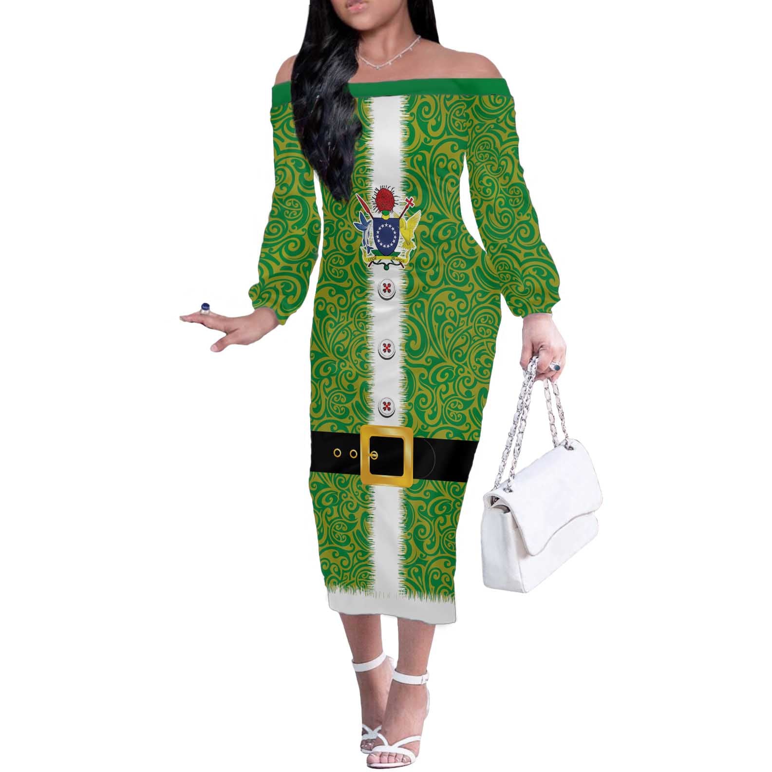 Cook Islands Merry Christmas Off The Shoulder Long Sleeve Dress Santa Suit Style With Polynesian Pattern