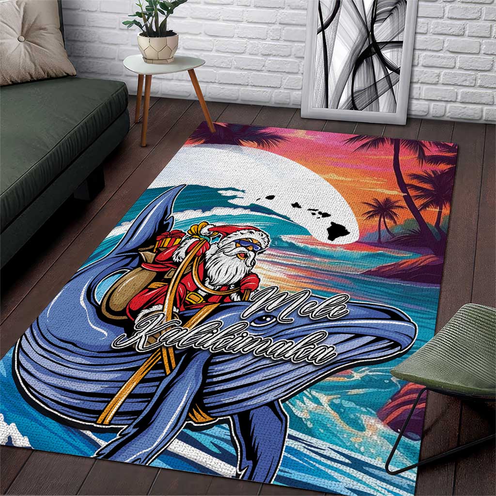 Hawaiian Mele Kalikimaka Area Rug Santa Claus Driving The Whale with Sunset Ocean Landscape