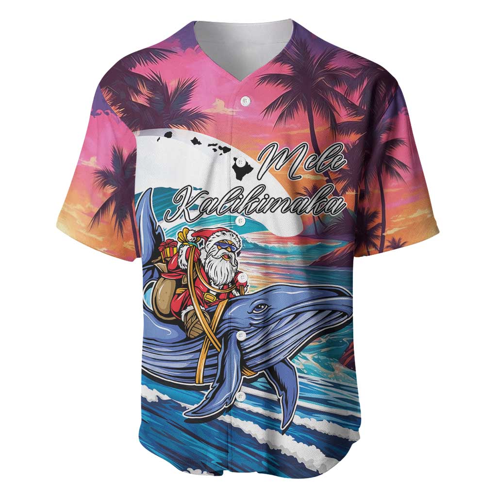 Hawaiian Mele Kalikimaka Baseball Jersey Santa Claus Driving The Whale with Sunset Ocean Landscape