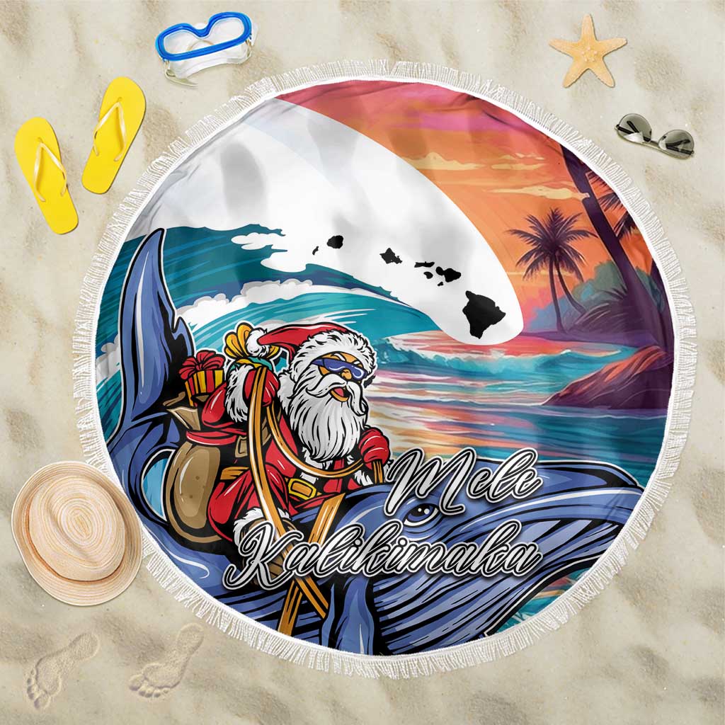 Hawaiian Mele Kalikimaka Beach Blanket Santa Claus Driving The Whale with Sunset Ocean Landscape