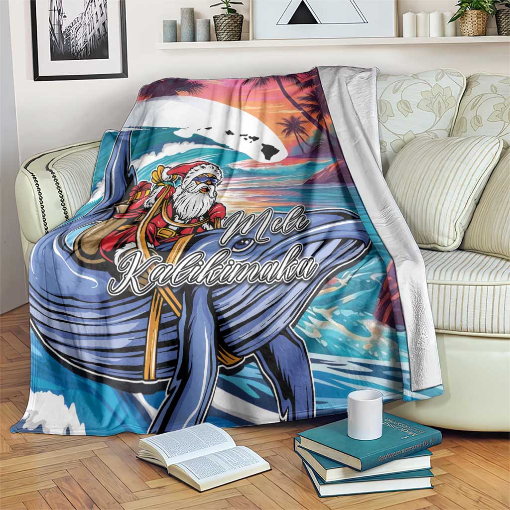 Hawaiian Mele Kalikimaka Blanket Santa Claus Driving The Whale with Sunset Ocean Landscape LT03 Blue - Polynesian Pride