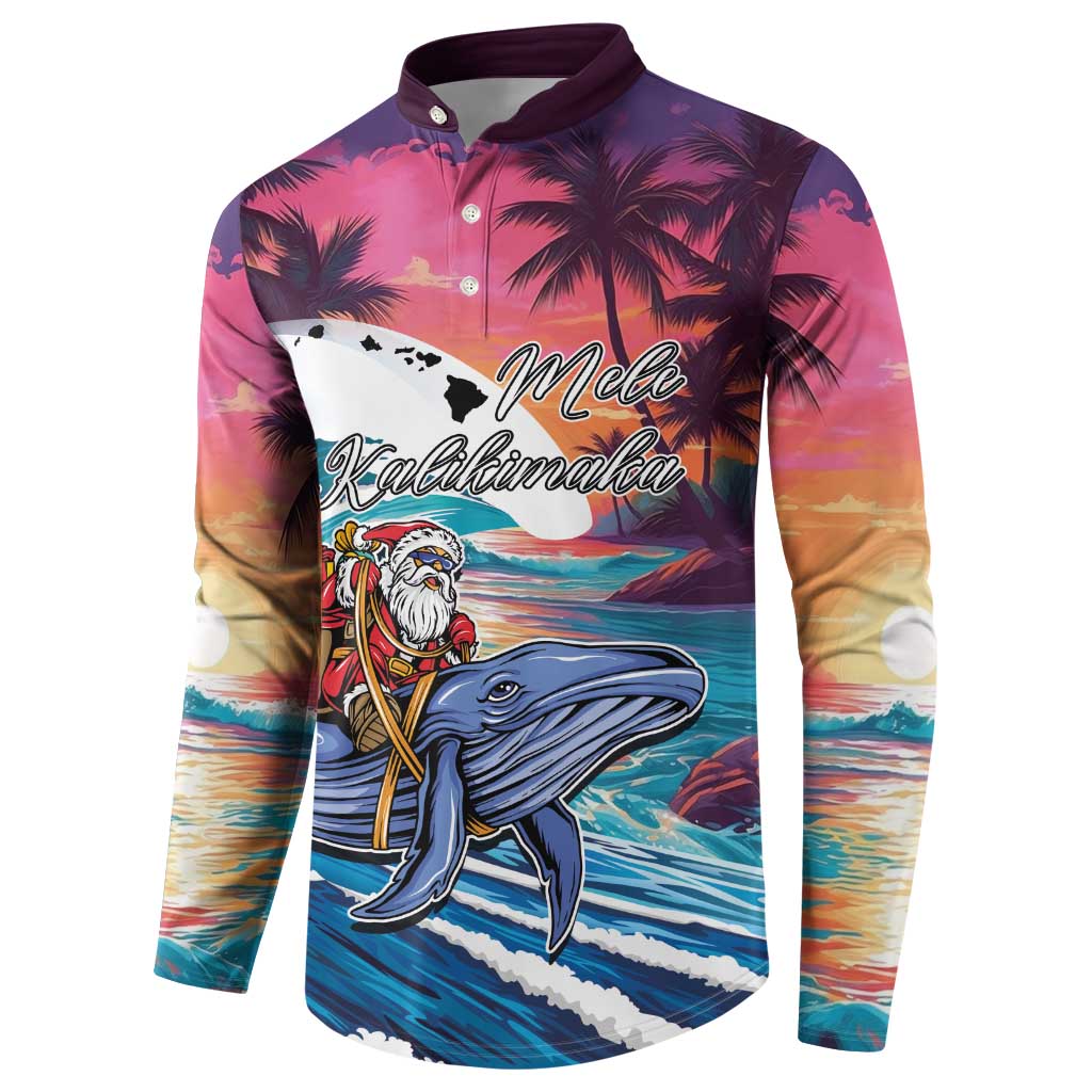 Hawaiian Mele Kalikimaka Button Sweatshirt Santa Claus Driving The Whale with Sunset Ocean Landscape LT03 - Polynesian Pride