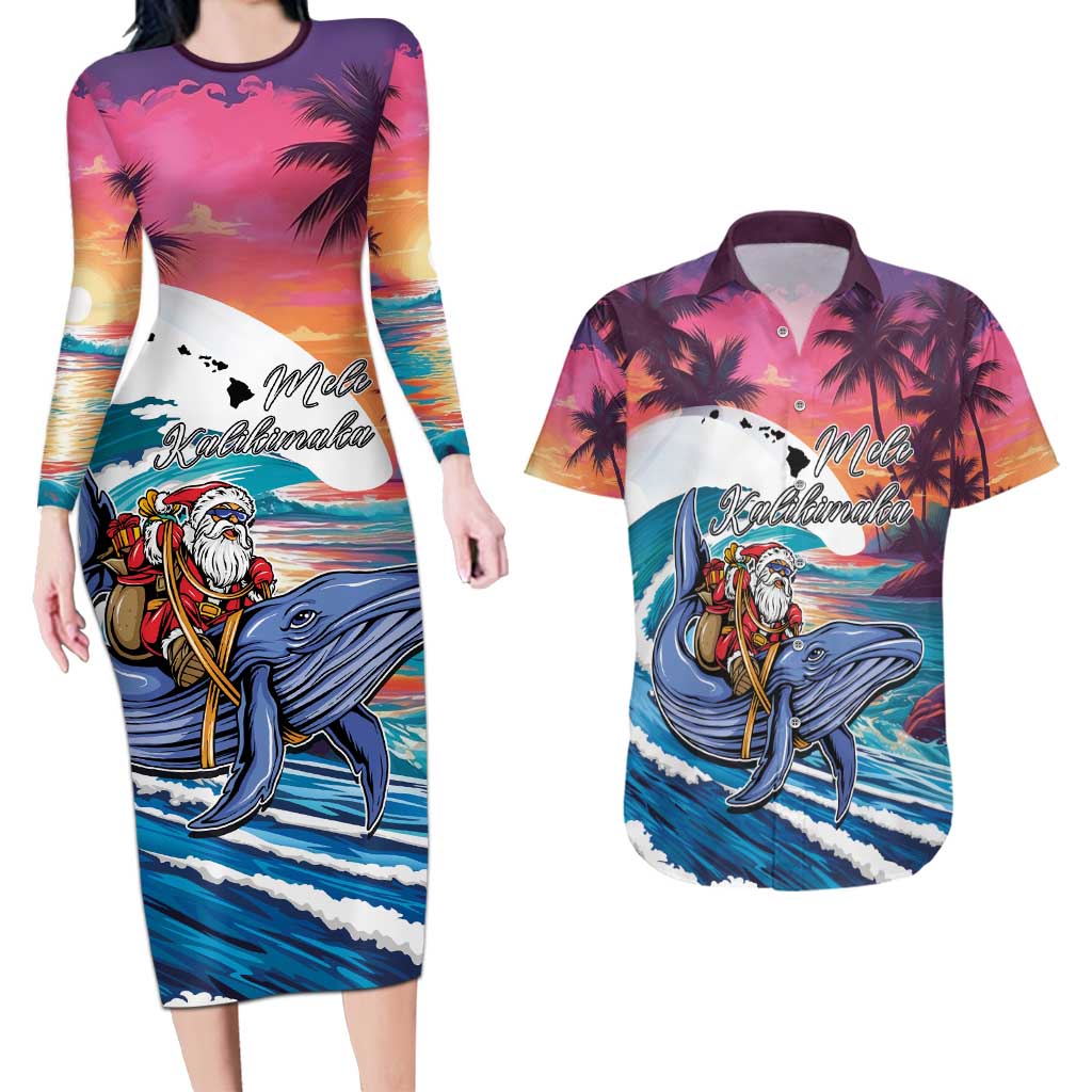 Hawaiian Mele Kalikimaka Couples Matching Long Sleeve Bodycon Dress and Hawaiian Shirt Santa Claus Driving The Whale with Sunset Ocean Landscape