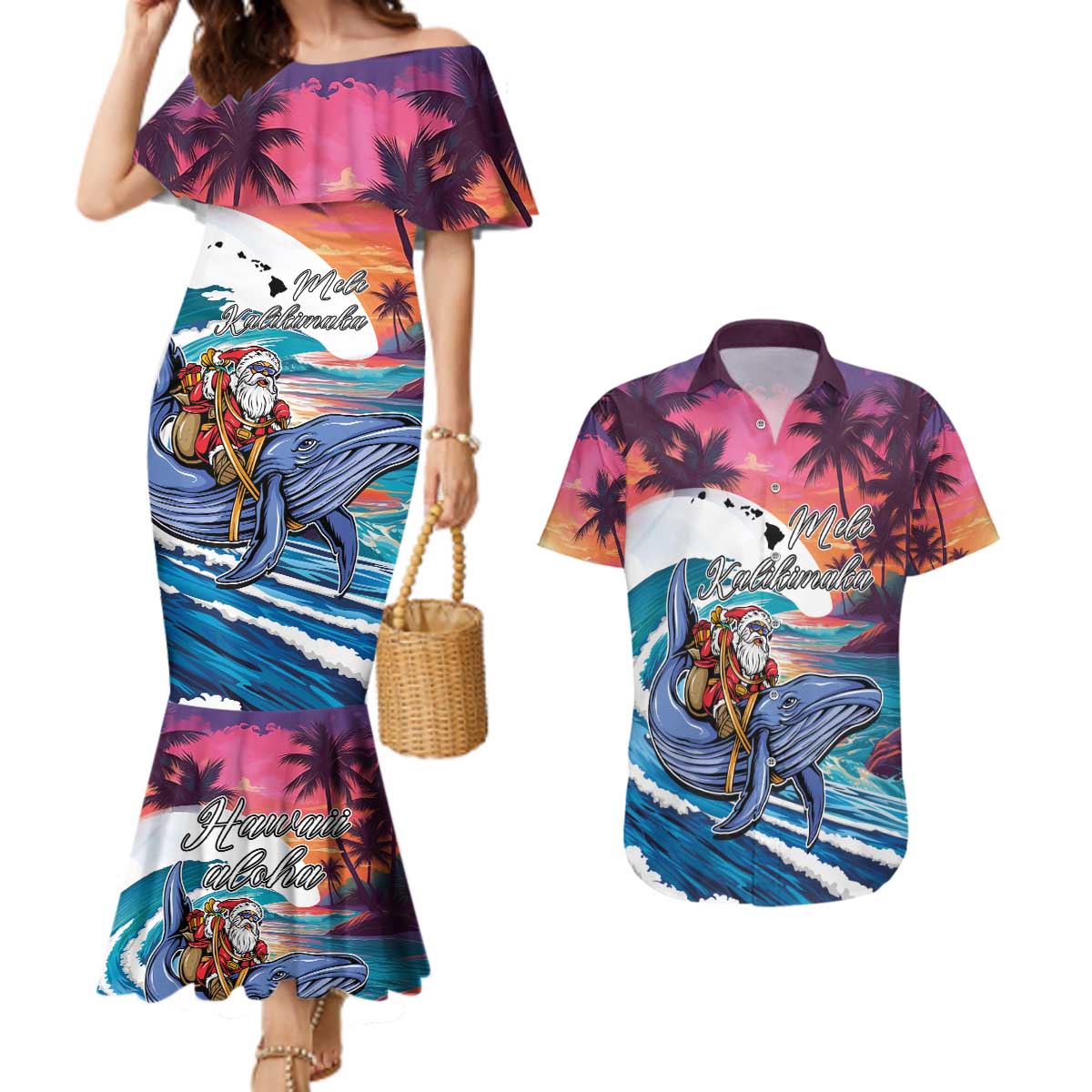 Hawaiian Mele Kalikimaka Couples Matching Mermaid Dress and Hawaiian Shirt Santa Claus Driving The Whale with Sunset Ocean Landscape