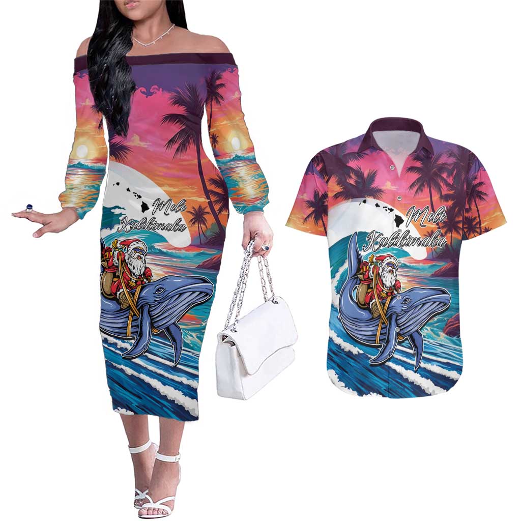 Hawaiian Mele Kalikimaka Couples Matching Off The Shoulder Long Sleeve Dress and Hawaiian Shirt Santa Claus Driving The Whale with Sunset Ocean Landscape