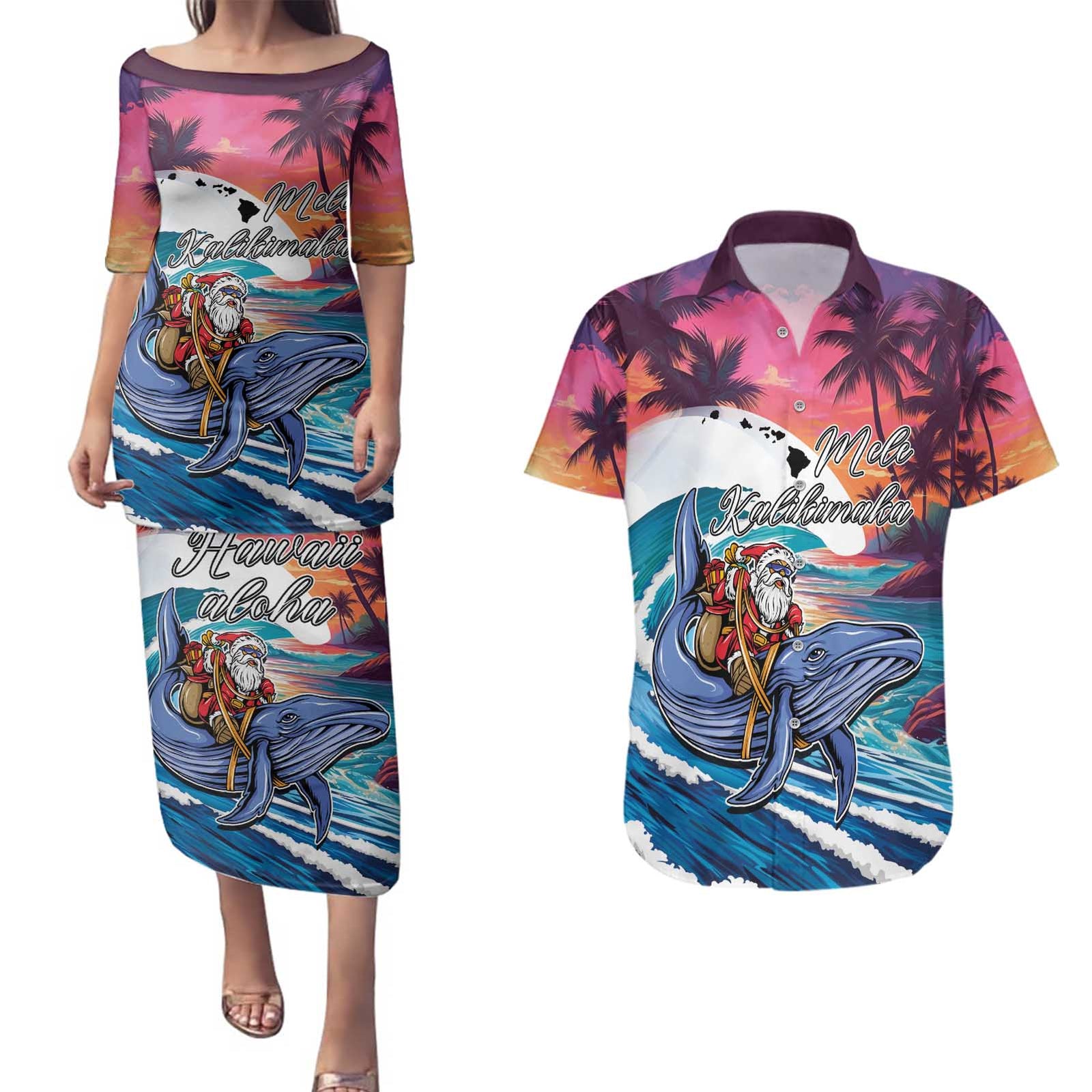 Hawaiian Mele Kalikimaka Couples Matching Puletasi and Hawaiian Shirt Santa Claus Driving The Whale with Sunset Ocean Landscape LT03 Blue - Polynesian Pride