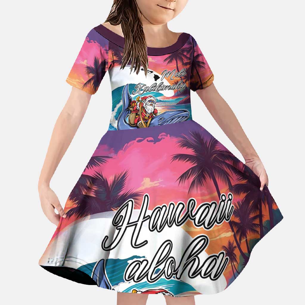 Hawaiian Mele Kalikimaka Family Matching Long Sleeve Bodycon Dress and Hawaiian Shirt Santa Claus Driving The Whale with Sunset Ocean Landscape