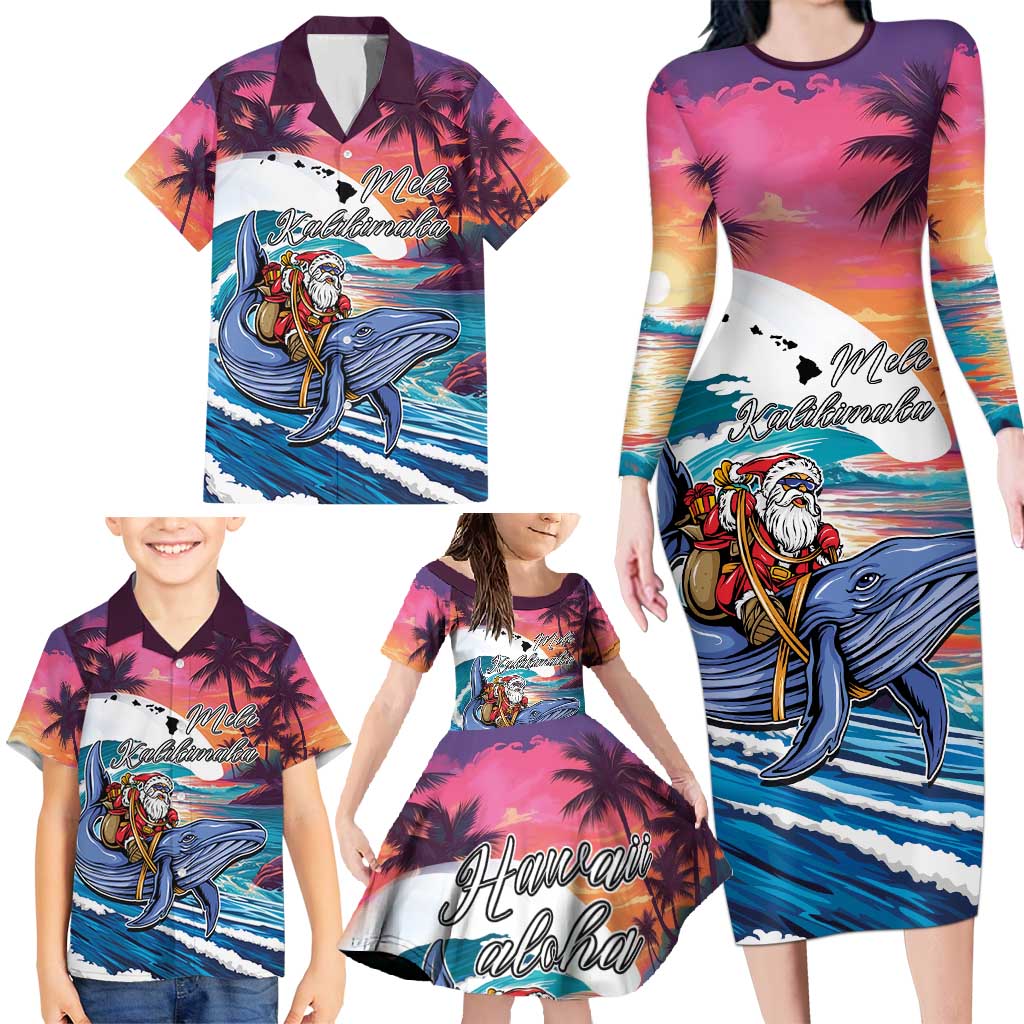 Hawaiian Mele Kalikimaka Family Matching Long Sleeve Bodycon Dress and Hawaiian Shirt Santa Claus Driving The Whale with Sunset Ocean Landscape