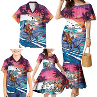 Hawaiian Mele Kalikimaka Family Matching Mermaid Dress and Hawaiian Shirt Santa Claus Driving The Whale with Sunset Ocean Landscape