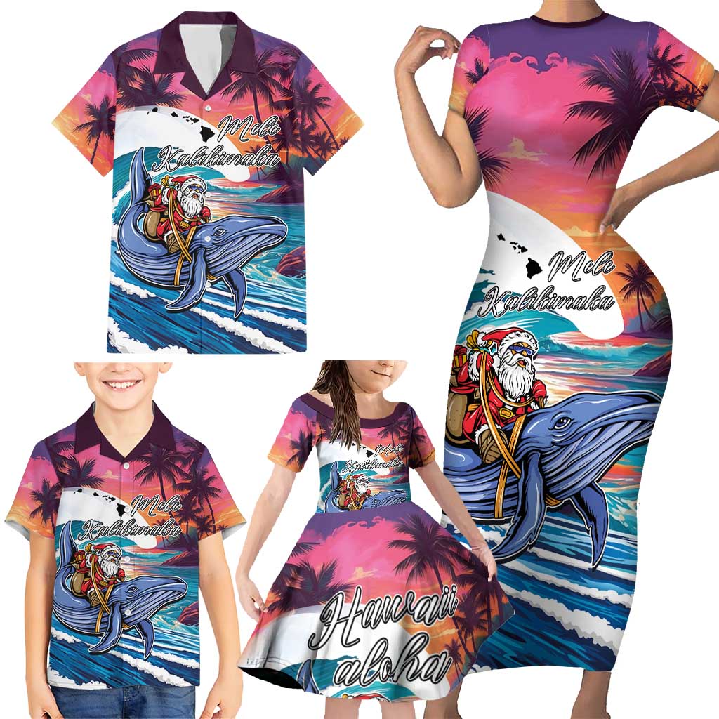 Hawaiian Mele Kalikimaka Family Matching Short Sleeve Bodycon Dress and Hawaiian Shirt Santa Claus Driving The Whale with Sunset Ocean Landscape