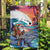 Hawaiian Mele Kalikimaka Garden Flag Santa Claus Driving The Whale with Sunset Ocean Landscape