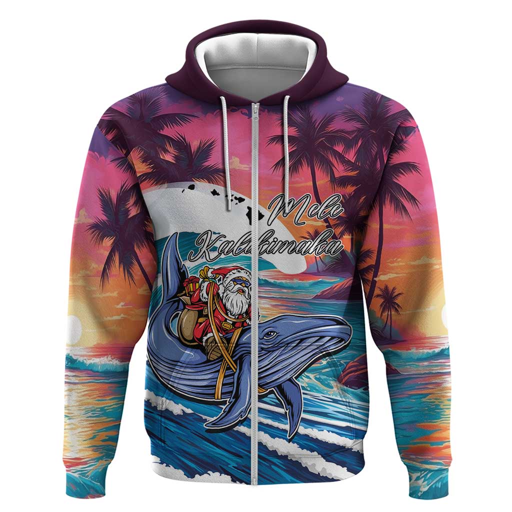 Hawaiian Mele Kalikimaka Hoodie Santa Claus Driving The Whale with Sunset Ocean Landscape