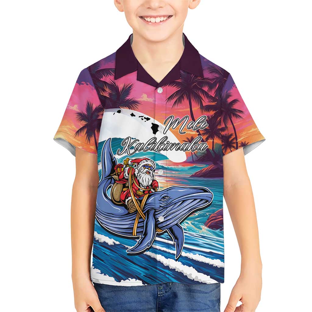 Hawaiian Mele Kalikimaka Kid Hawaiian Shirt Santa Claus Driving The Whale with Sunset Ocean Landscape
