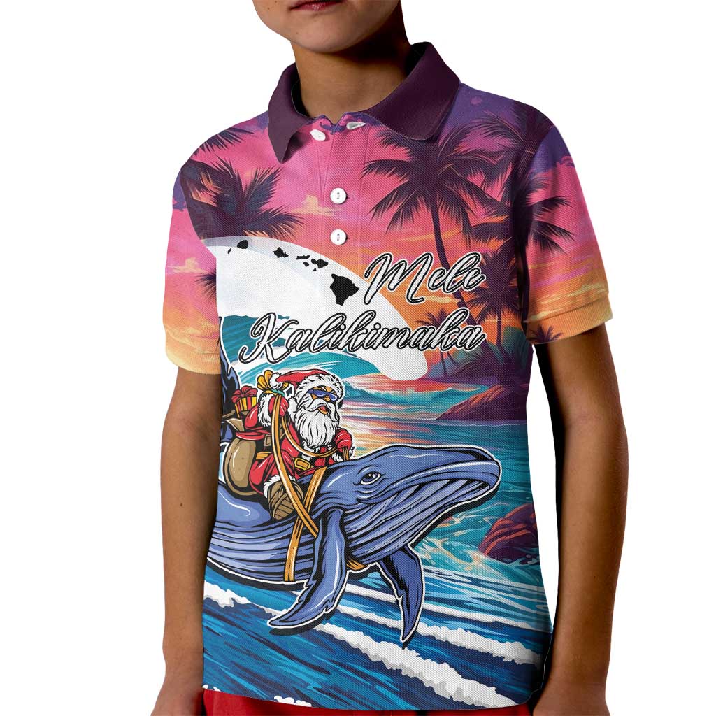 Hawaiian Mele Kalikimaka Kid Polo Shirt Santa Claus Driving The Whale with Sunset Ocean Landscape