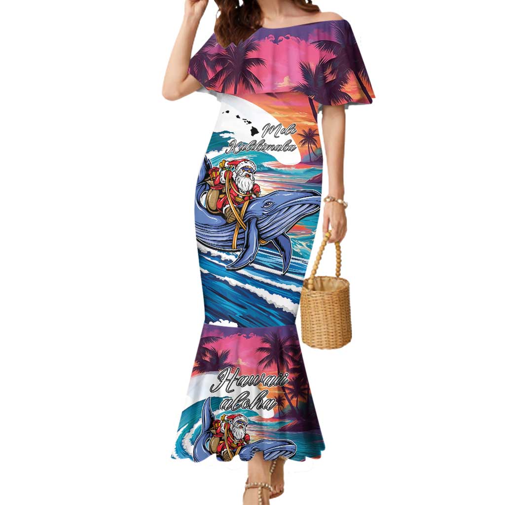 Hawaiian Mele Kalikimaka Mermaid Dress Santa Claus Driving The Whale with Sunset Ocean Landscape