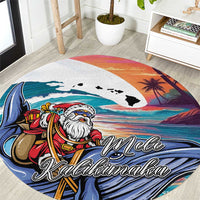 Hawaiian Mele Kalikimaka Round Carpet Santa Claus Driving The Whale with Sunset Ocean Landscape