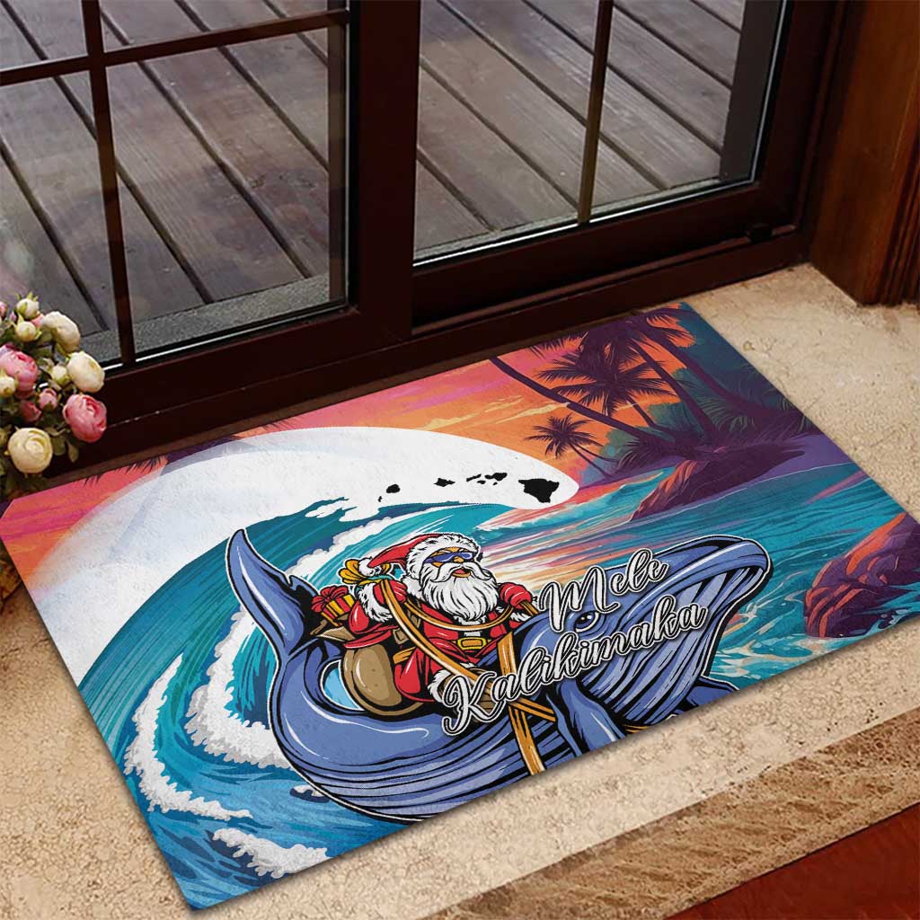 Hawaiian Mele Kalikimaka Rubber Doormat Santa Claus Driving The Whale with Sunset Ocean Landscape LT03 - Polynesian Pride