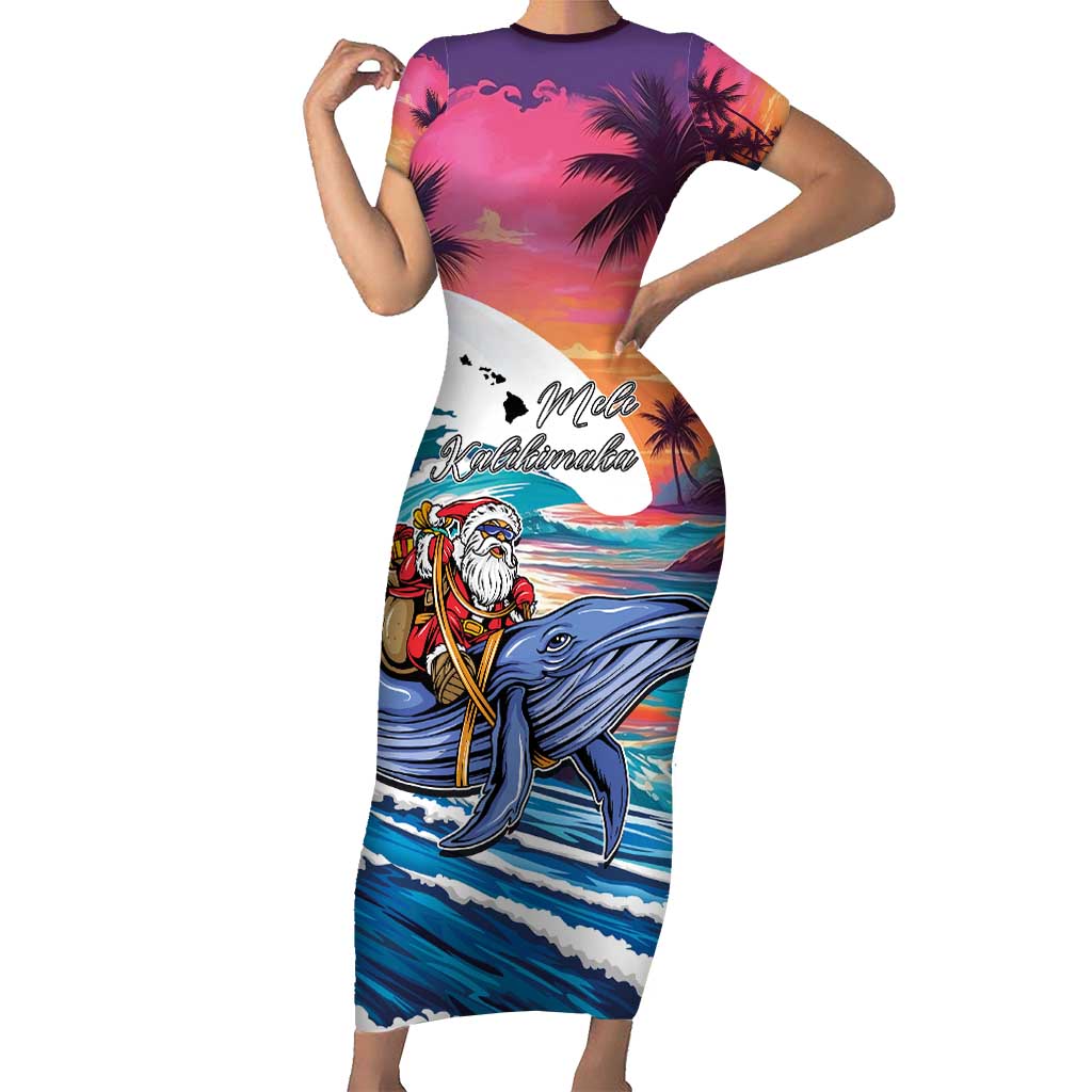 Hawaiian Mele Kalikimaka Short Sleeve Bodycon Dress Santa Claus Driving The Whale with Sunset Ocean Landscape