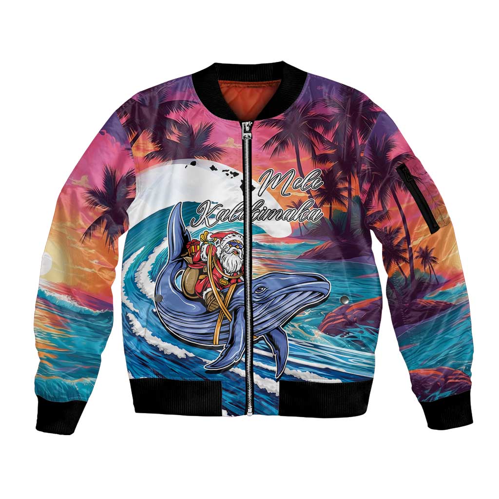 Hawaiian Mele Kalikimaka Sleeve Zip Bomber Jacket Santa Claus Driving The Whale with Sunset Ocean Landscape