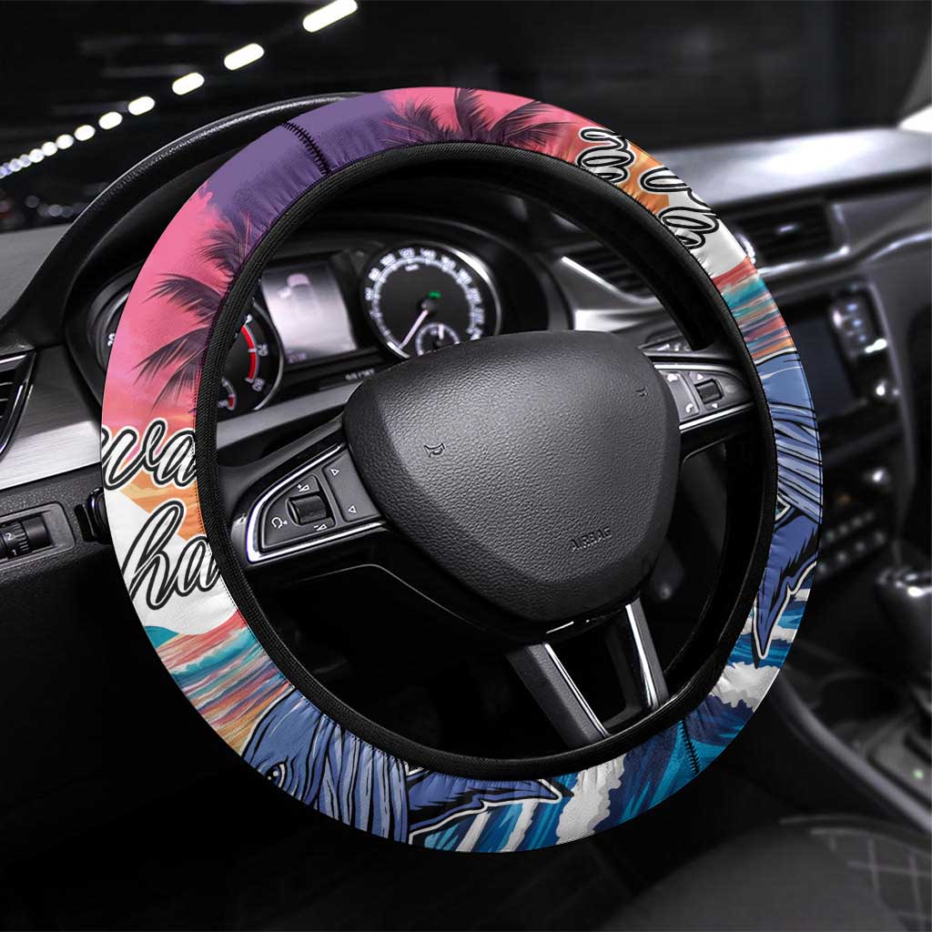 Hawaiian Mele Kalikimaka Steering Wheel Cover Santa Claus Driving The Whale with Sunset Ocean Landscape