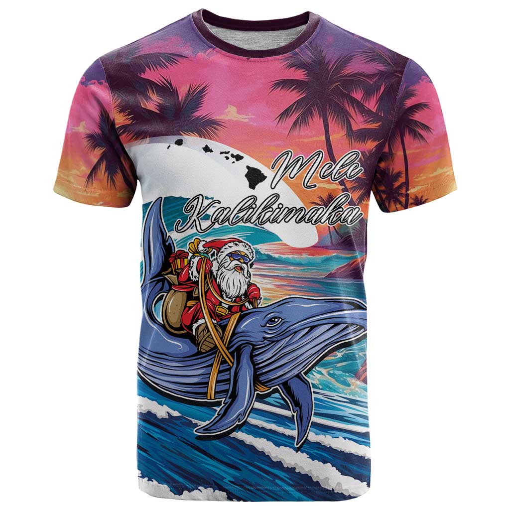 Hawaiian Mele Kalikimaka T Shirt Santa Claus Driving The Whale with Sunset Ocean Landscape