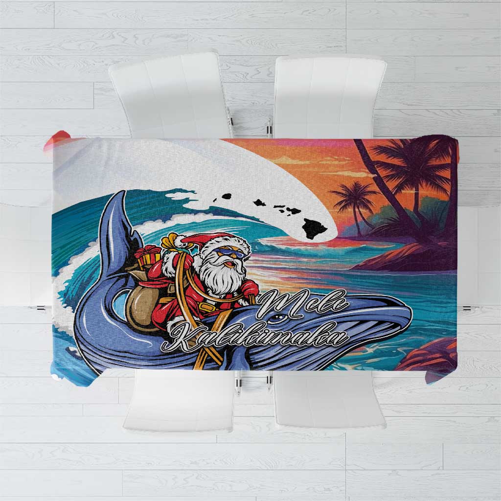 Hawaiian Mele Kalikimaka Tablecloth Santa Claus Driving The Whale with Sunset Ocean Landscape LT03 Blue - Polynesian Pride