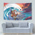 Hawaiian Mele Kalikimaka Tapestry Santa Claus Driving The Whale with Sunset Ocean Landscape