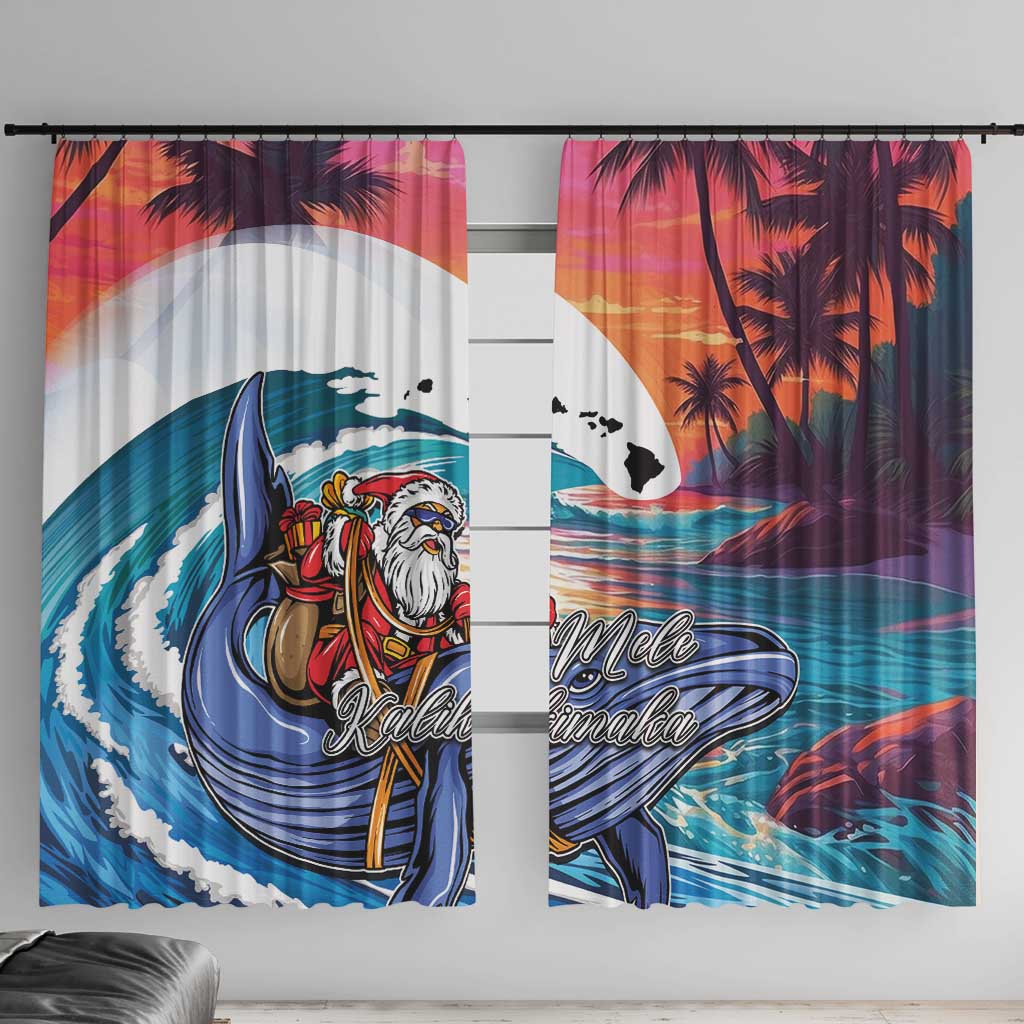 Hawaiian Mele Kalikimaka Window Curtain Santa Claus Driving The Whale with Sunset Ocean Landscape LT03 With Hooks Blue - Polynesian Pride