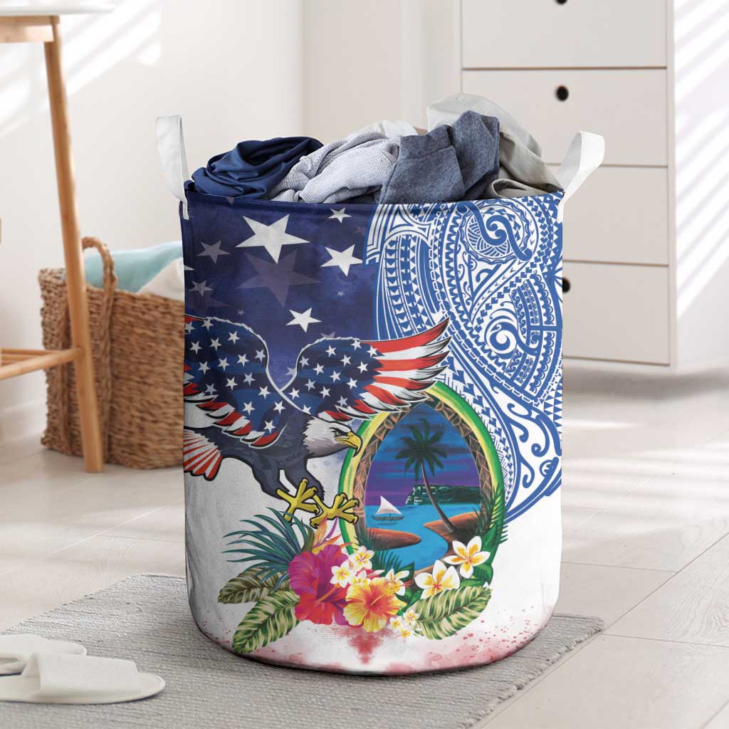 Guam and United States Together Laundry Basket Bald Eagle and Guam Seal with Flower and Tribal Tattoos - Polynesian Pride