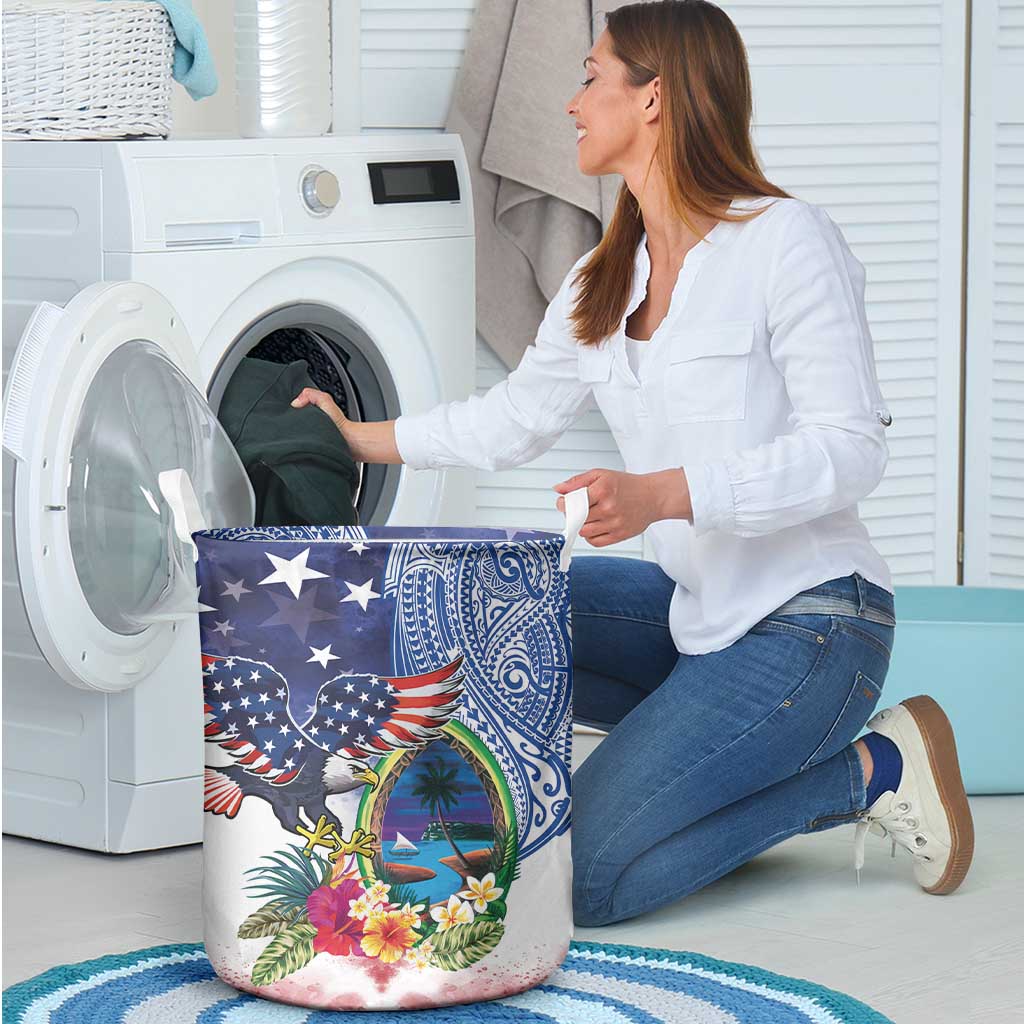 Guam and United States Together Laundry Basket Bald Eagle and Guam Seal with Flower and Tribal Tattoos - Polynesian Pride